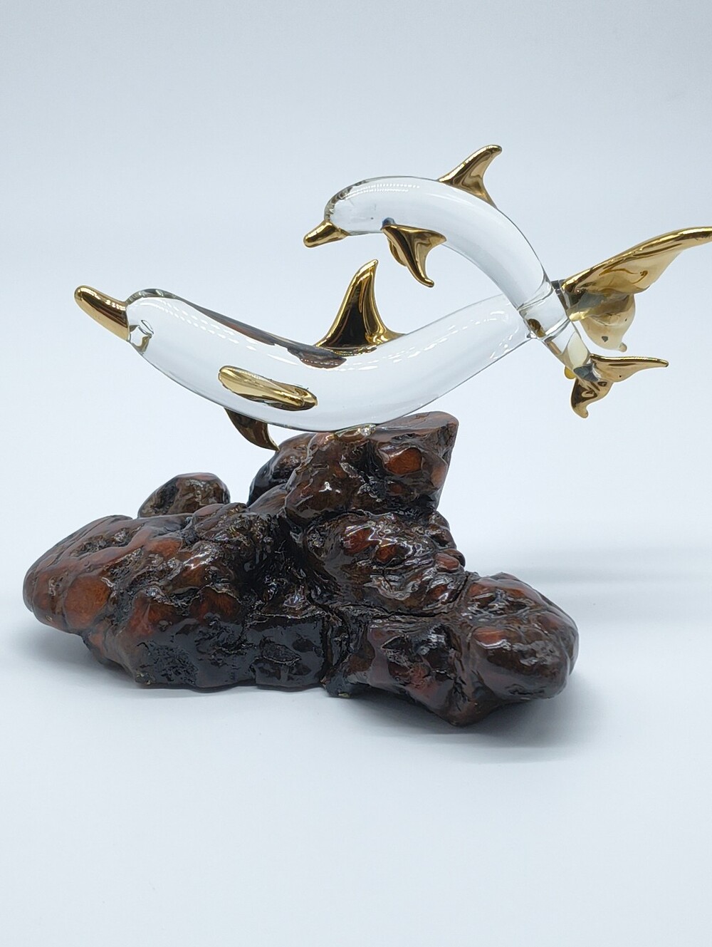 Vintage Glass Baron 22k Dolphin Figurine Burl Wood Base